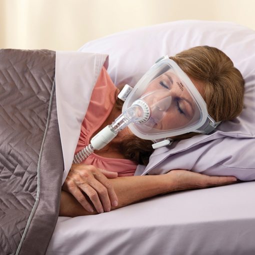 sluup apnea patient using Respironics FitLife Total Face Mask with Headgear
